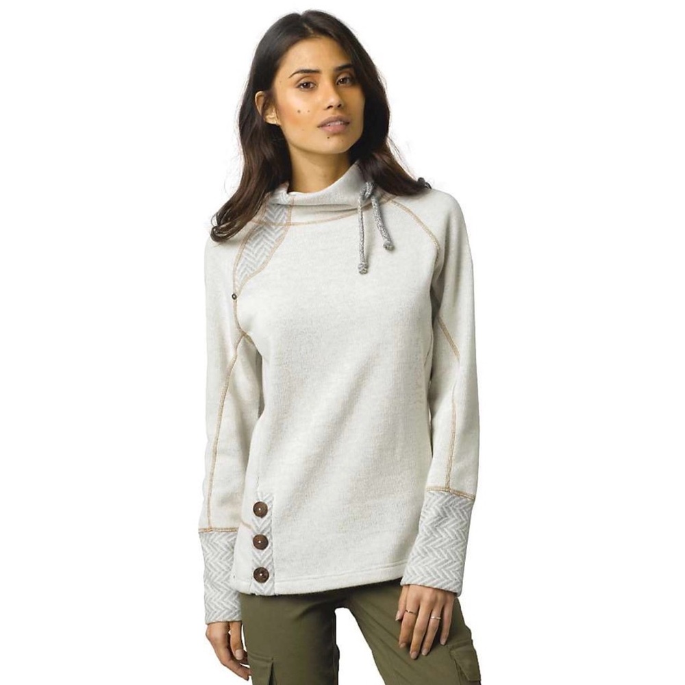 Prana Lucia Wool Blend Cowl Neck Sweater Button Herringbone detail small oatmeal